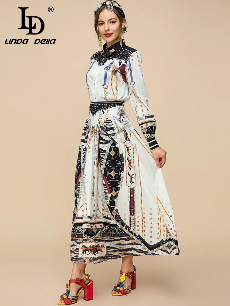 LD LINDA DELLA Spring Runway Fashion Skirt Suit Women Long sleeve Print Shirts + High waist A Line Midi Skirts 2 Pieces Set