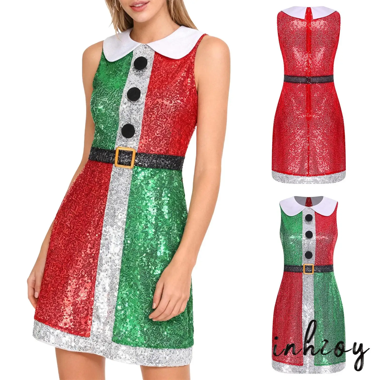

Women Luxurious Santa Helper Dress with Crystal Embellishments And Invisible Back Zipper Dresses for Christmas Holiday Parties