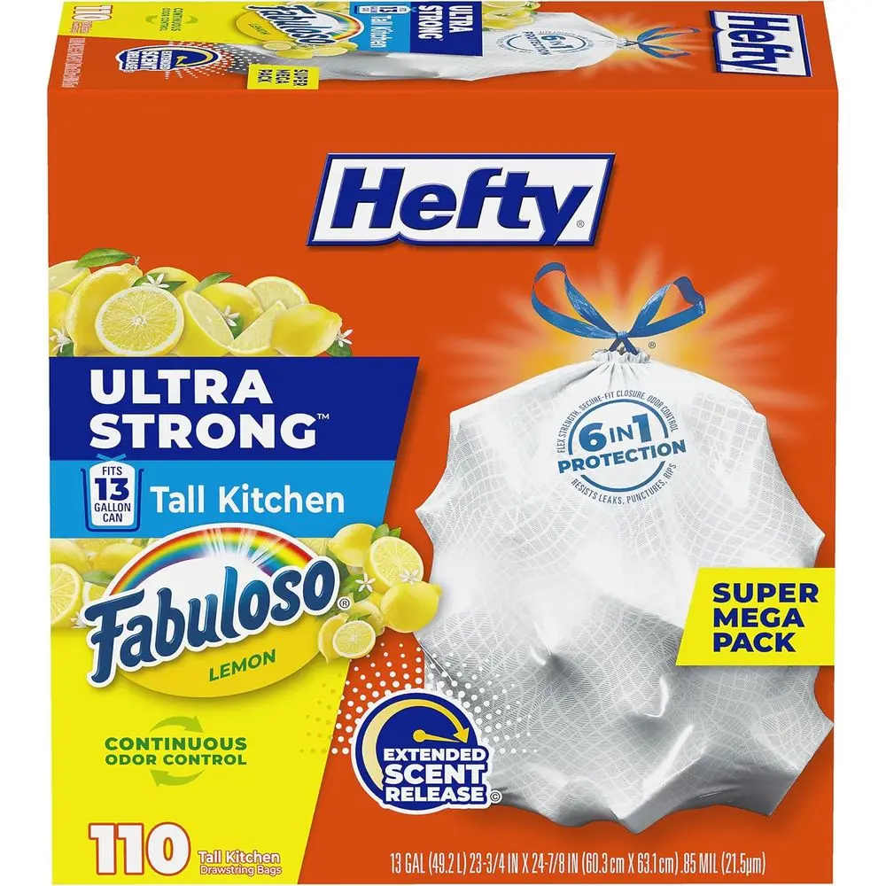 

Extra Durable 13 Gallon Tall Kitchen Trash Bags, Leak and Puncture Resistant, Odor Control, White with Lemon Scent, 110 Count