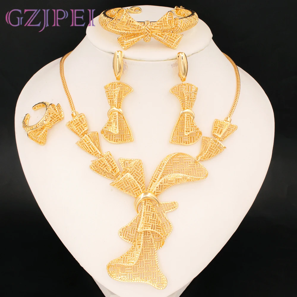 

GZJPEI 4 Pcs Bohemian Bohe Jewelry Set 18K Gold Plated Big Necklace Bracelet Bow Drop Earring Ring For Women Party Gift 2025 New