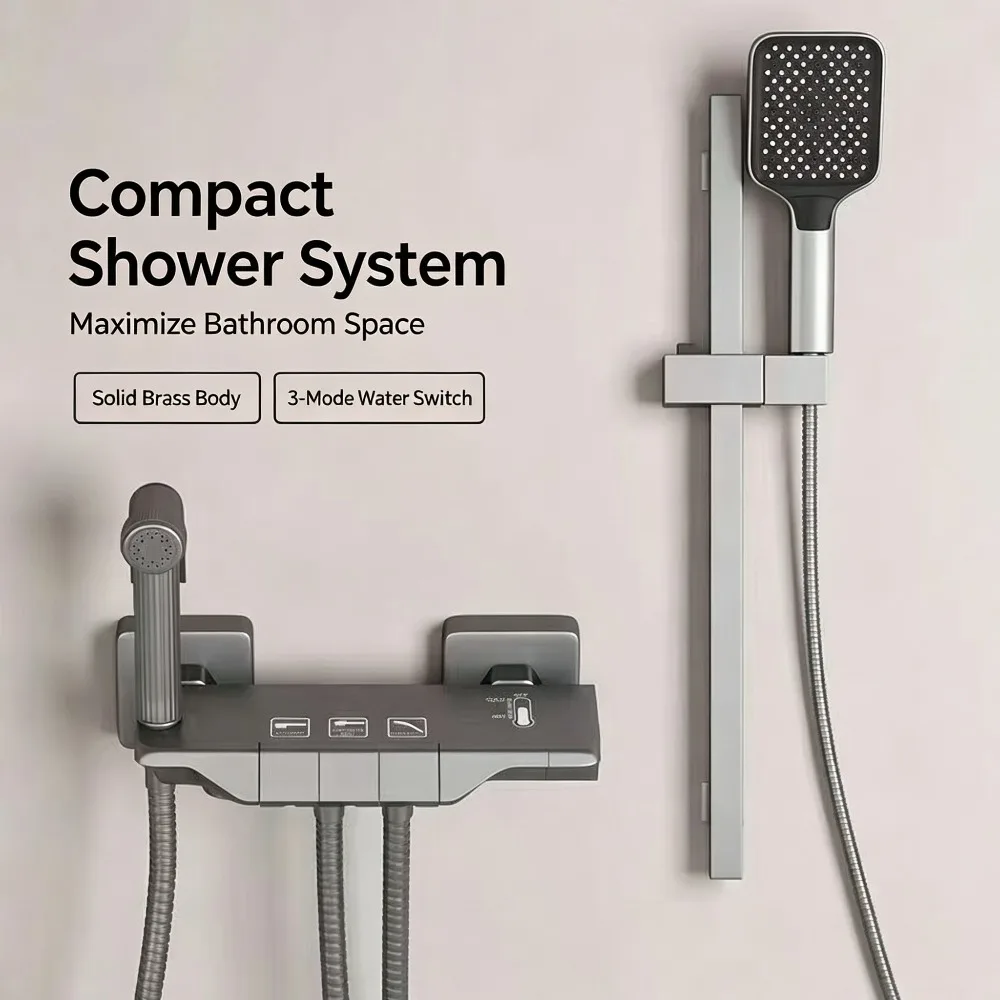 3‑Mode Digital Display Simple Shower Kit, Brass Shower Faucet with , No‑Drill Installation, Gun Gray / Cream White Optional