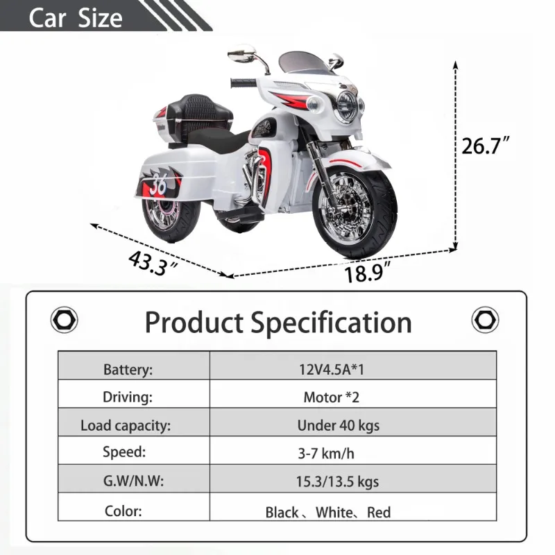 Ride on motorcycle Kids Electric motorcycle 12V two seat for kids, 3 Wheels ,Headlight