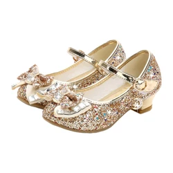 Children's Bow Sequins Shallow Mouth Crystal Shoes Girls Performance Stage Crystal Shoes Girls Round Head Short Heel Shoes