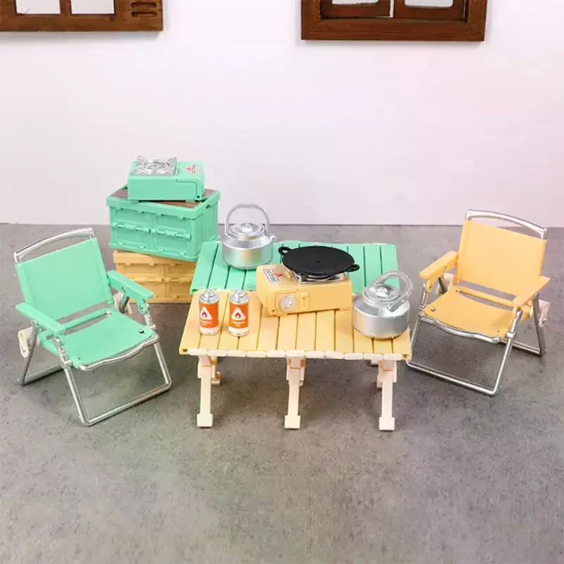 1:12 دمية مصغرة التخييم نزهة مجموعة كرسي قابل للطي مواقد الغاز نموذج ديكور لعبة بيت الدمية الملحقات