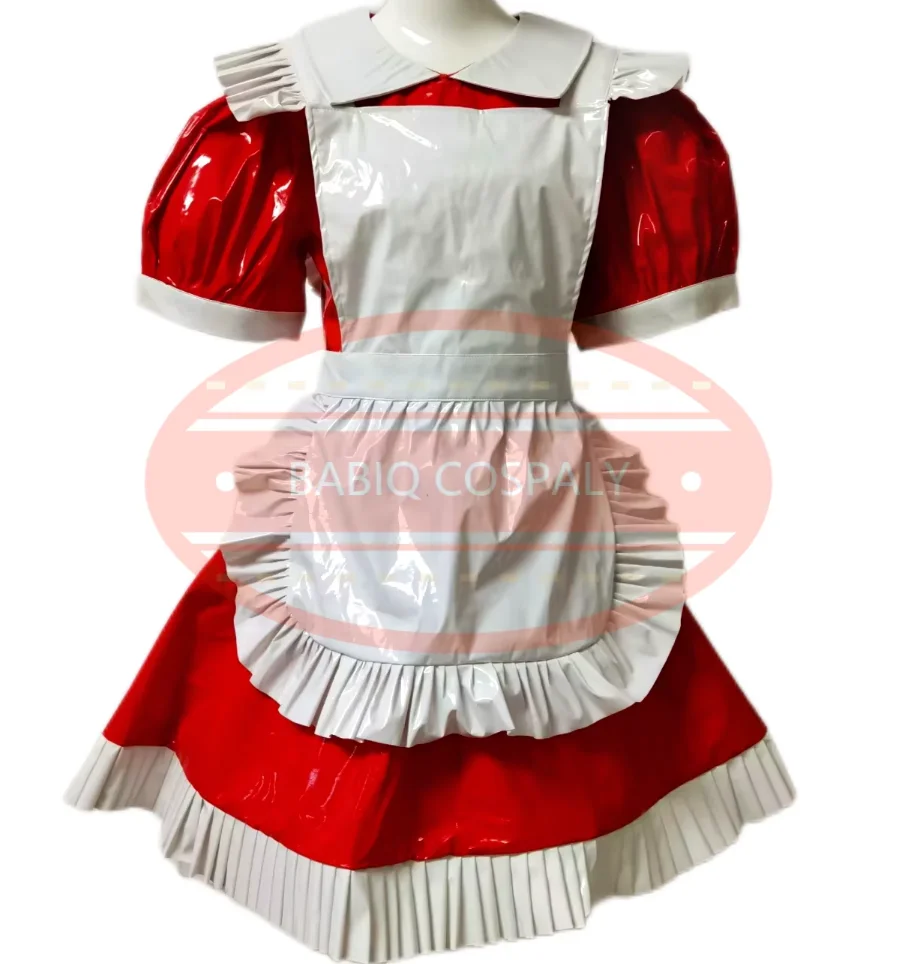 

Adult Sexy Sissy Cross Dressing Maid Girl Short Red Heavy Pvc Dress Lockable Uniform White Apron Clothing Customization