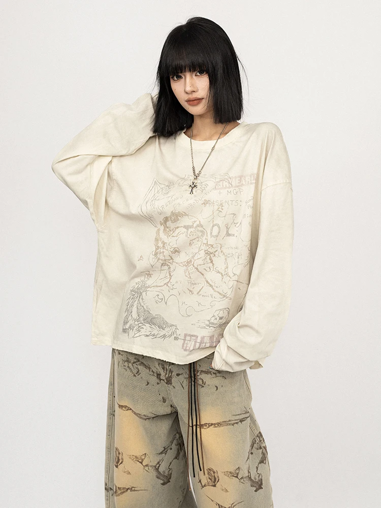 

Футболка с эффектом похудения из чистого хлопка с длинными рукавами и принтом, женская свободная футболка в американском ретро-стиле с круглым вырезом.