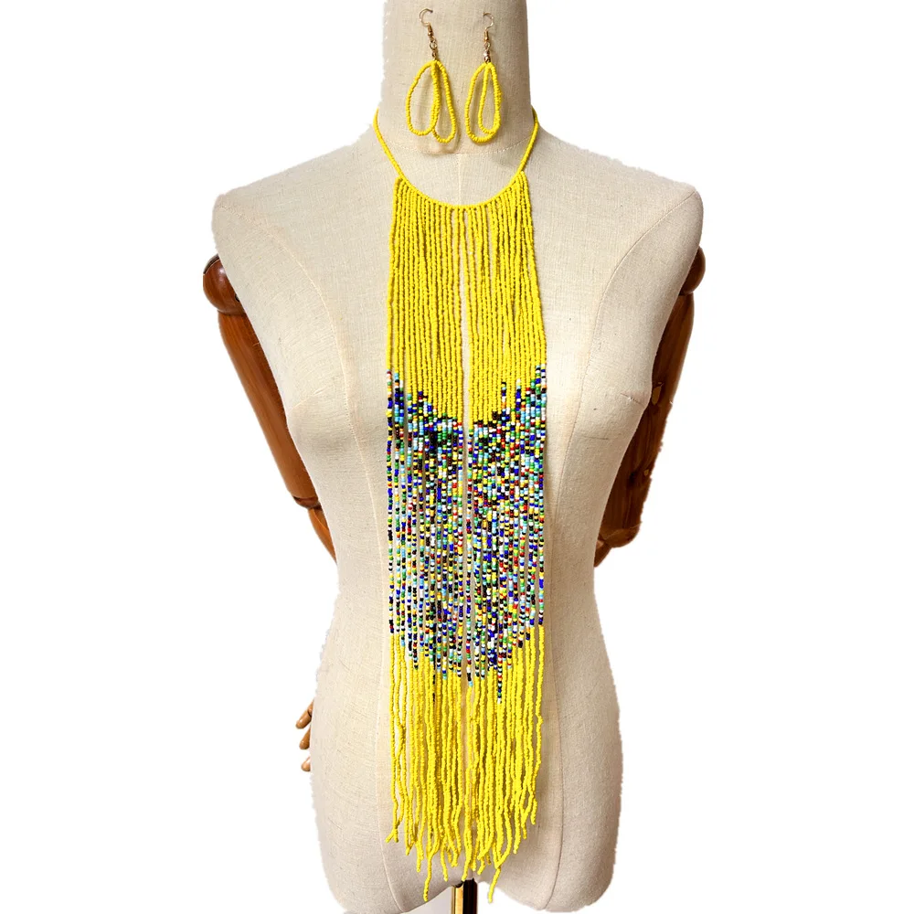

African style colored rice bead necklace set long fringed sweater chain jewelry necklace