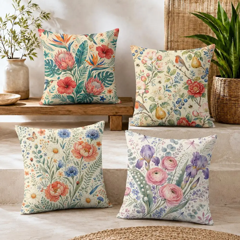 Vintage Botanical Cushion Cover Summer Coolness Linen Organic Fabric Sofa Pillow Case Double-Sided Printing Home Decor