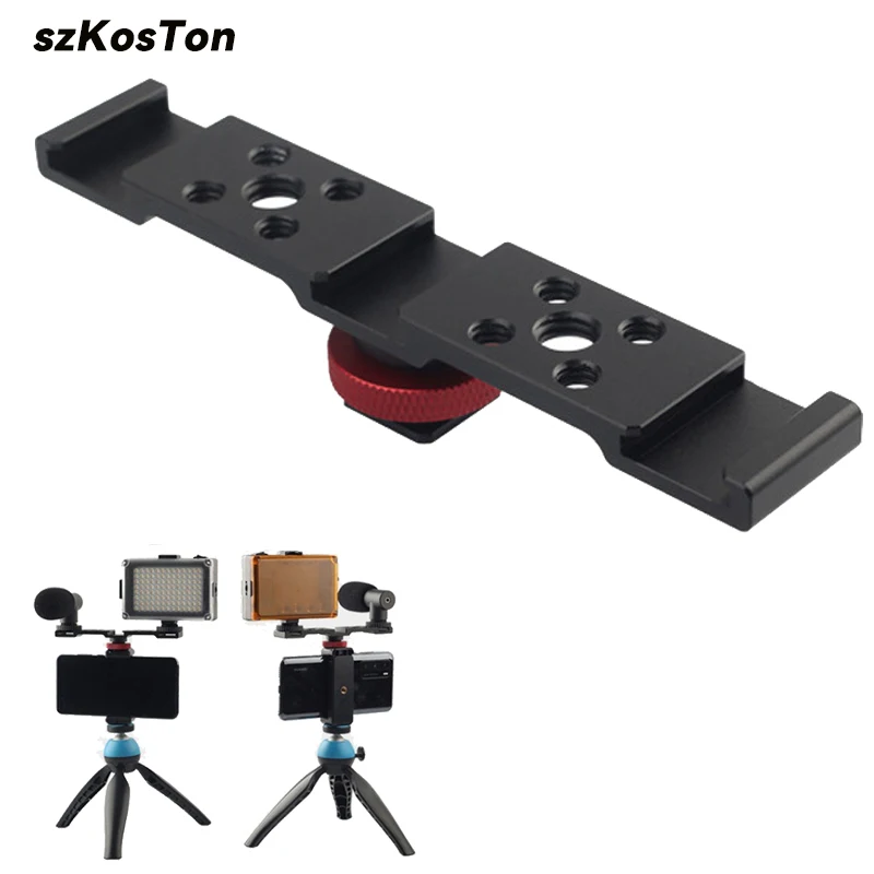 Aluminum Cold Shoe Mount Bracket Dual Hot Shoe Extension Bar Plate Adapter for Canon Sony Microphone LED Video Light Monitors