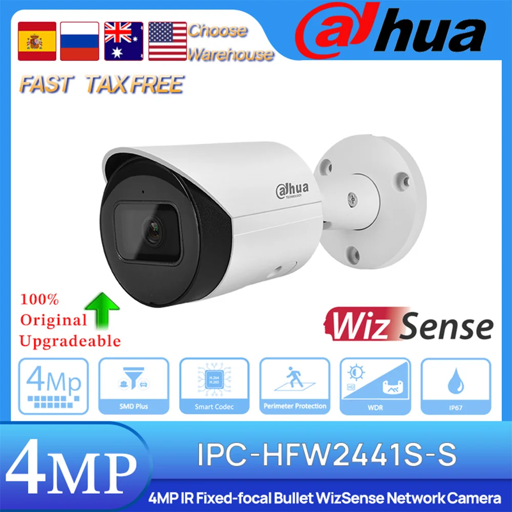 

Dahua Original IPC-HFW2441S-S 4MP POE 30M IR Fixed-focal Bullet WizSense Network Camera Built-in MIC SD Slot SMD Plus H.265 IP67