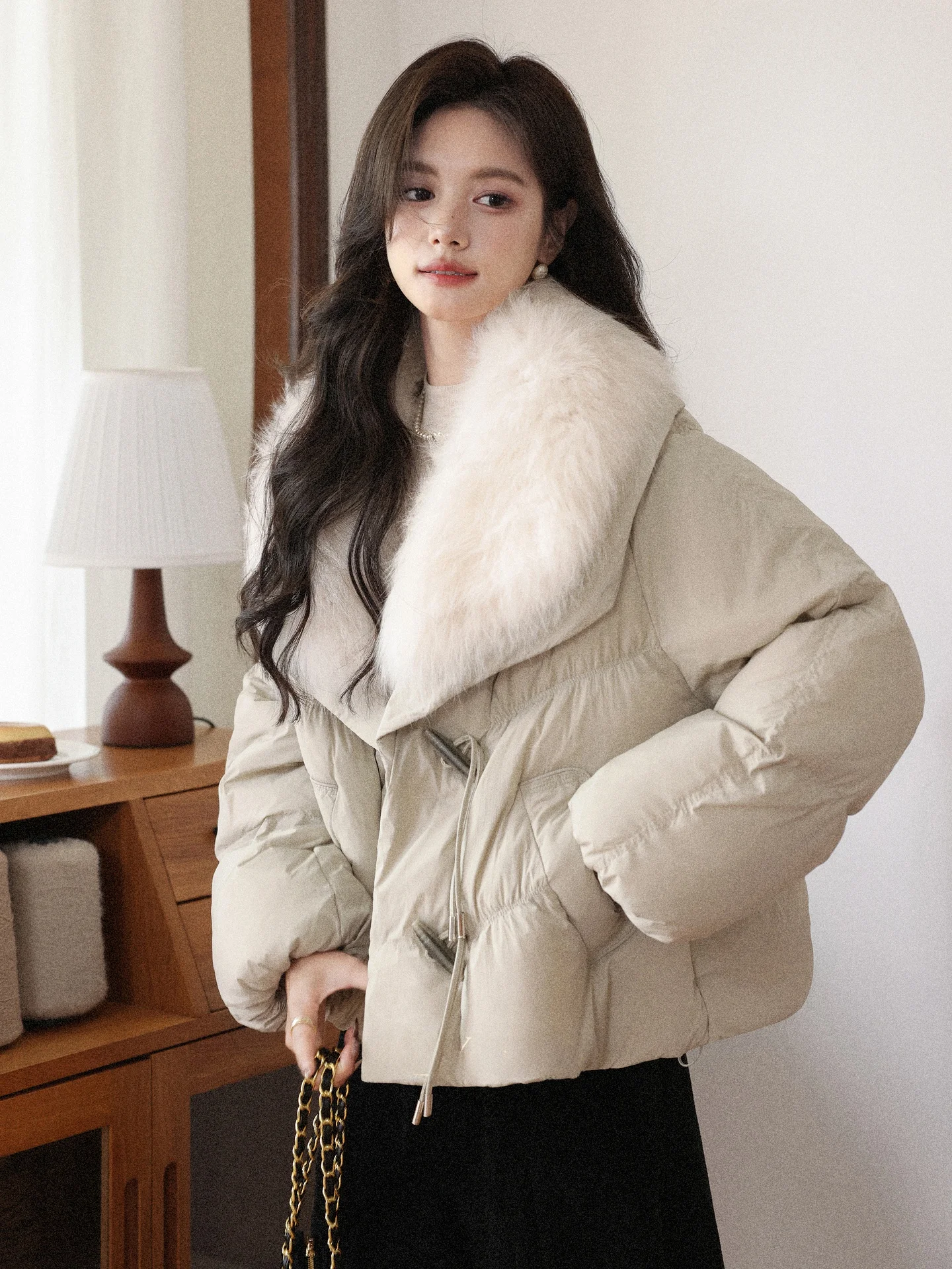 

Пуховик South Deer 90 White Du с меховым воротником, пушистый, женский, осенне-зимняя верхняя одежда, повседневный, однотонный