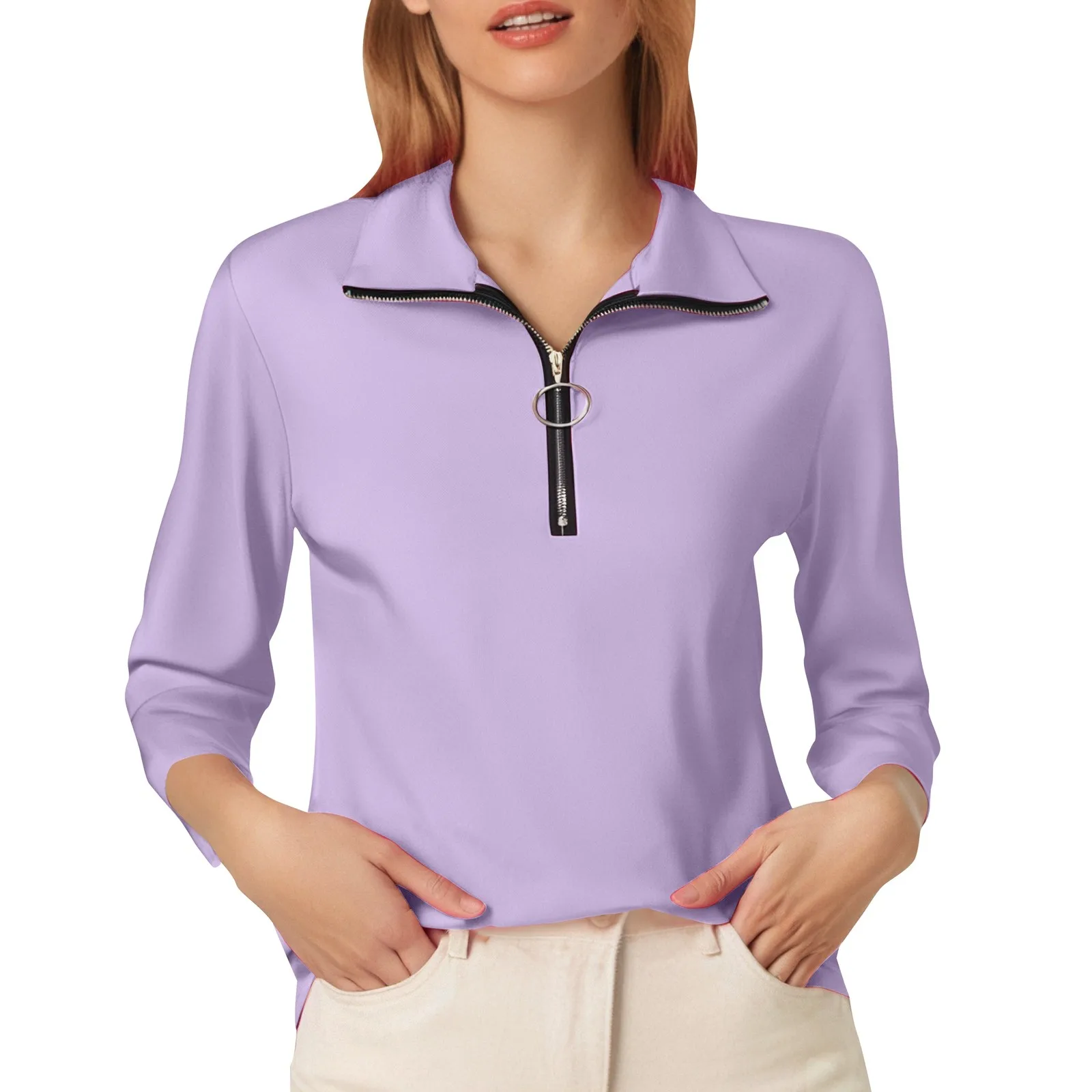 

Half Zipper Women's Polo Collar T Shirt Fashionable And Casual Solid Color Long Sleeved T Shirt Ladies Streetwear Clothes