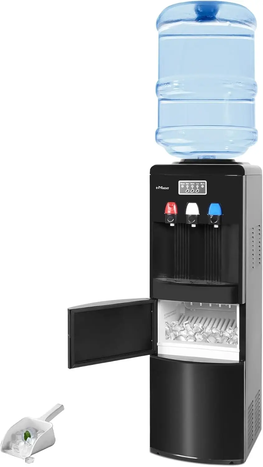 Built-in Ice Maker, Water Cooler Dispenser for 3-5 Gallon Bottle with a Scoop, Ice-Making Chamber, Child Safety Lock (Black)