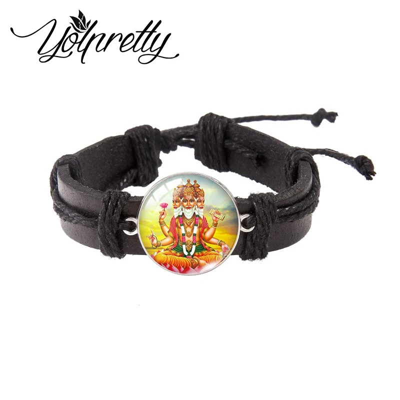 2023 New Fashion India God Brahma Vishnu Lord Shiva Geneisha Glass Dome Black Leather Bracelets Handcraft Jewelry for Men