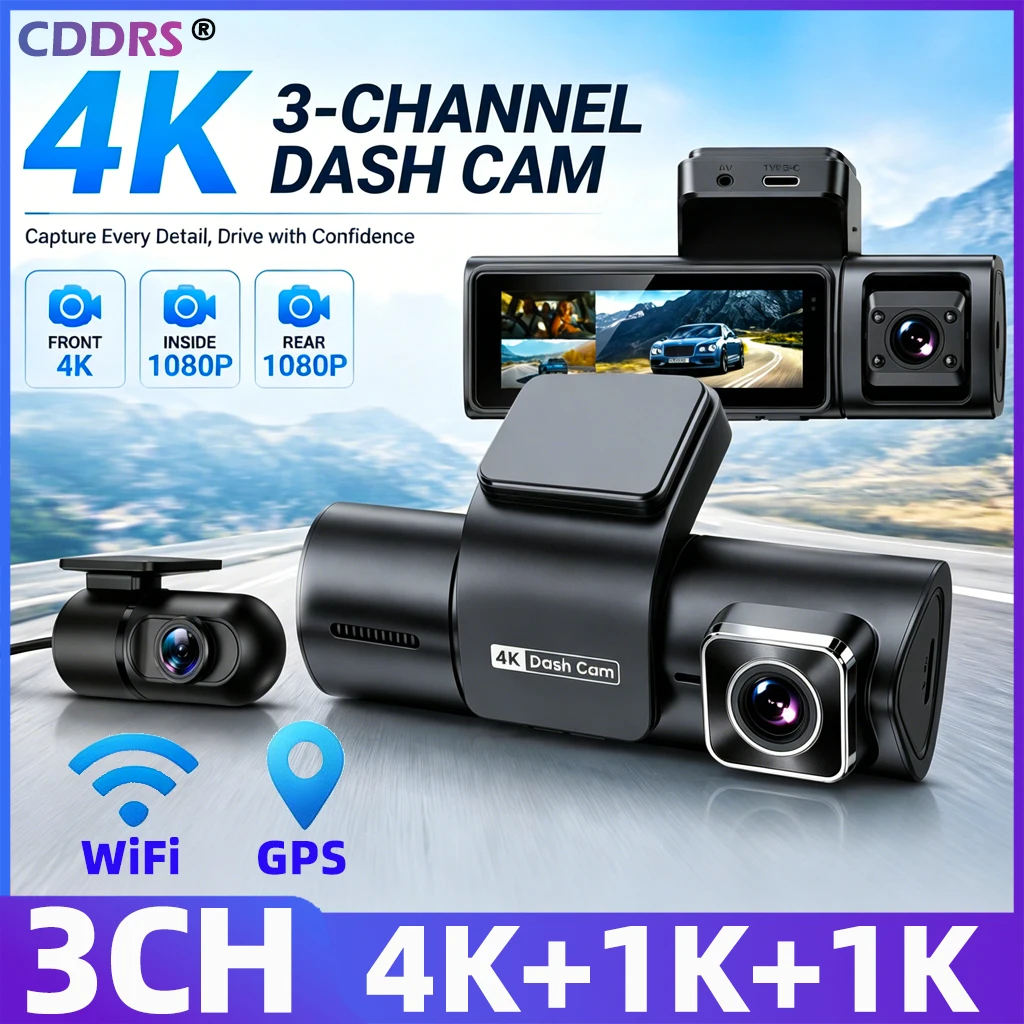 

4K Mini Dash Cam 3 Channel Front Rear Inside With WiFi And GPS Car DVR Loop Recording G-sensor Heat Resistant Super capacitor