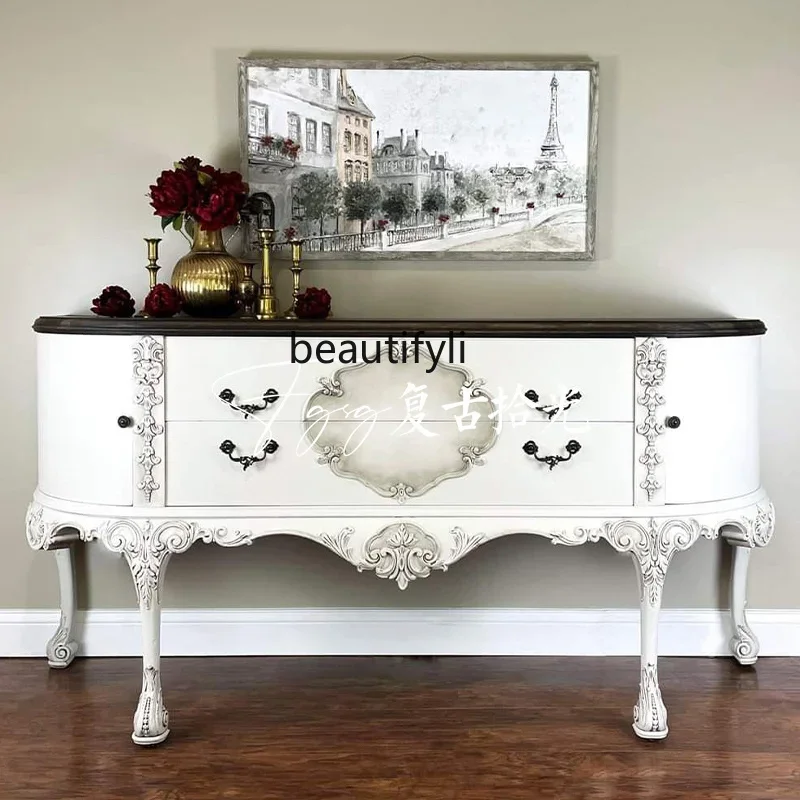 

Vintage French retro solid wood carving flower porch locker decorative cabinet white