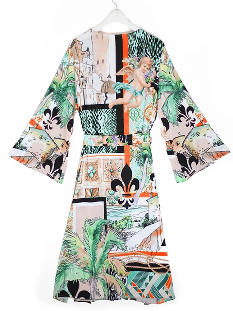 2024 Bikini Cover Up Print Bohemian Patchwork Belt Kimono Kaftan Dress Beach  Robe Plage Pareo Dress Tunic For Beach