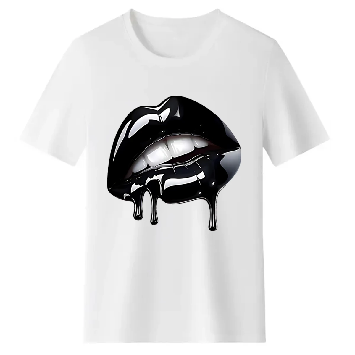 Glossy Dripping Black Lips Retro Graphic Plus Size Women 100% Cotton Soft Loose Crew Neck Short Sleeve T-Shirt For Gothic Street Daily Tops view 5