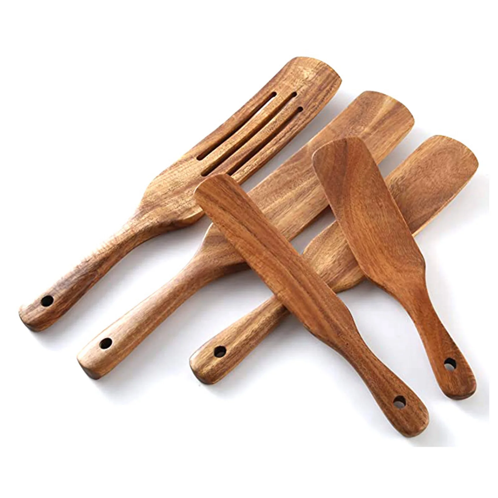 AA49 Wooden Spurtles Set (10Pcs) - Teak Wood Kitchen Tools Set - Heat Resistant Non Stick Wood Cookware For Stirring & Mixing