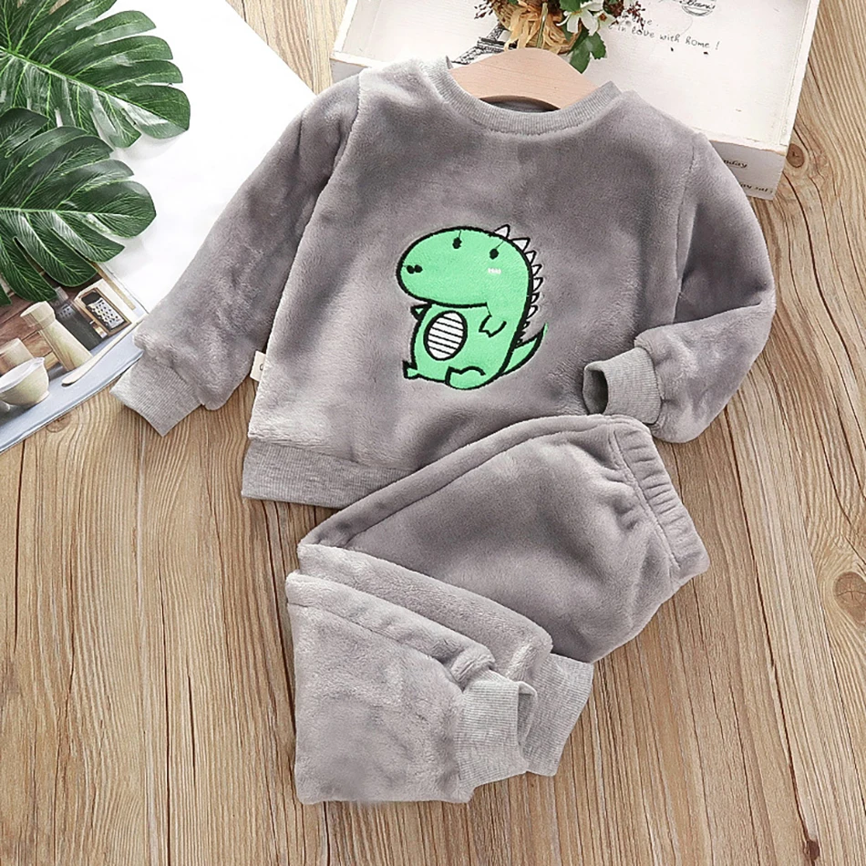 Baby Boy Warm Dinosuar Clothing Set Winter Cartoon Pajamas Outfit for Girls Pleuche Sweater Pants 2pcs Kids Suit 1-6Y