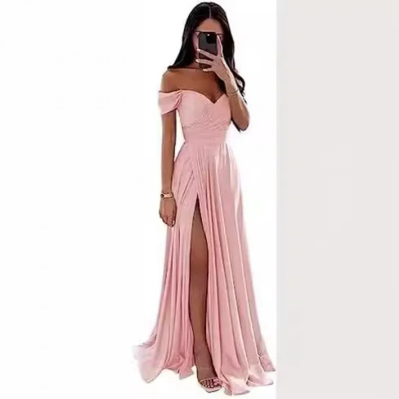 

Off Shoulder Prom Dresses Silk Satin Long Formal Wedding Guest Party Gowns Dress with Slit Customized