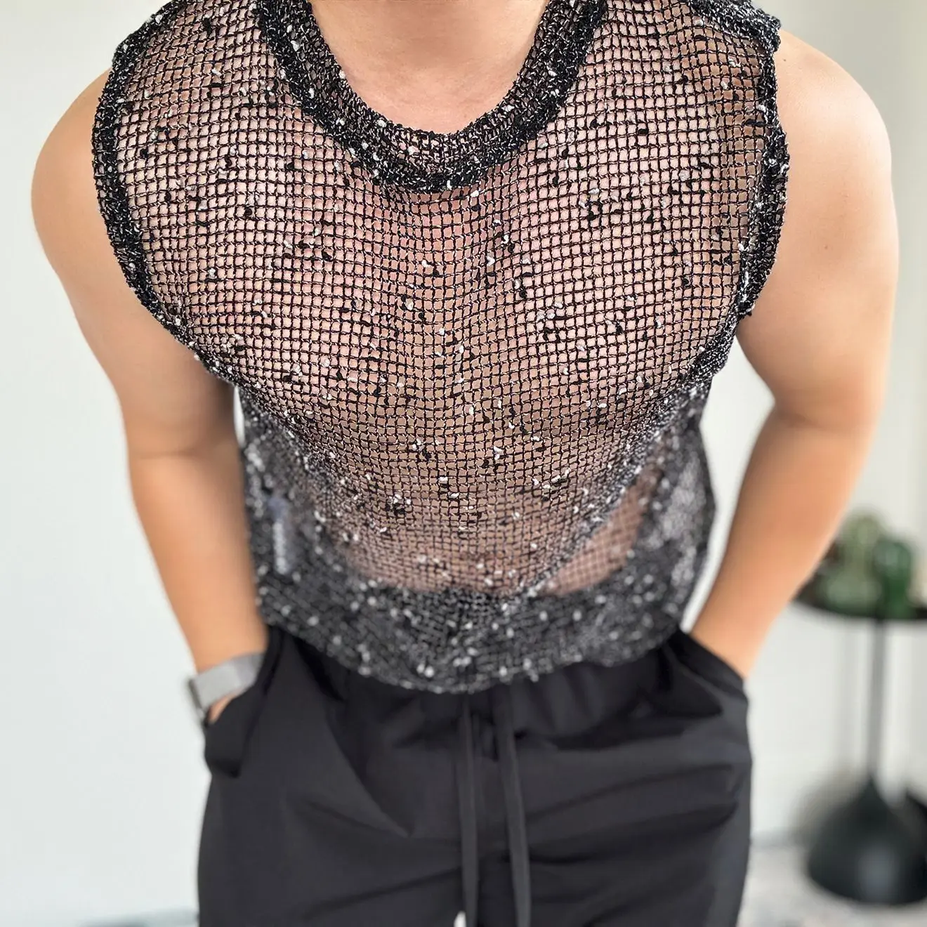 Man's sexy netto gat mesh mouwloze tanktop sexy live show danskostuums privéfeest