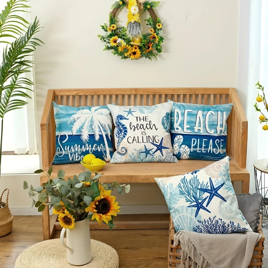 4PCS Ocean Beach Pillow Covers, Double Sided Print, Cushion Cases, Starfish Seahorse Coral Shell, Nautical Coastal Summer Decor