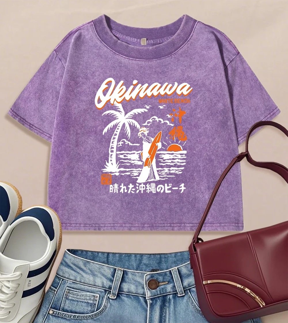 Okinawa mit Strand-Aufdruck, weiblich, gewaschenes T-Shirt, bauchfreie Baumwoll-T-Shirts, weich, bequem, kurzärmelig, modische O-Ausschnitt-T-Shirts