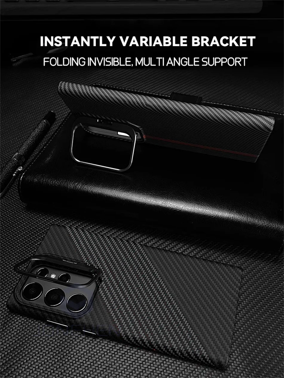 Magnetic Pixel Carbon Fibre Pattern Slim Case For Samsung Galaxy S24 Plus S23 Ultra Luxury Shockproof Hard Cover Stand Metal Len