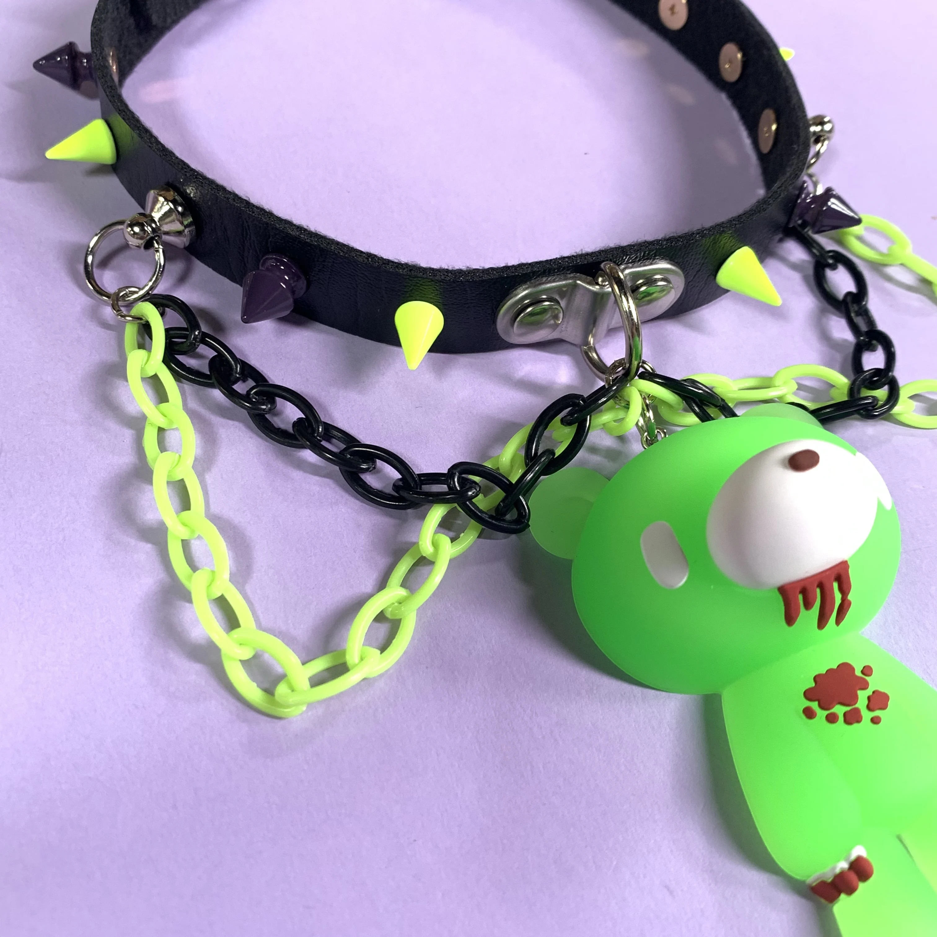 Edgy choker with neon green spikes, chains, and a cute 