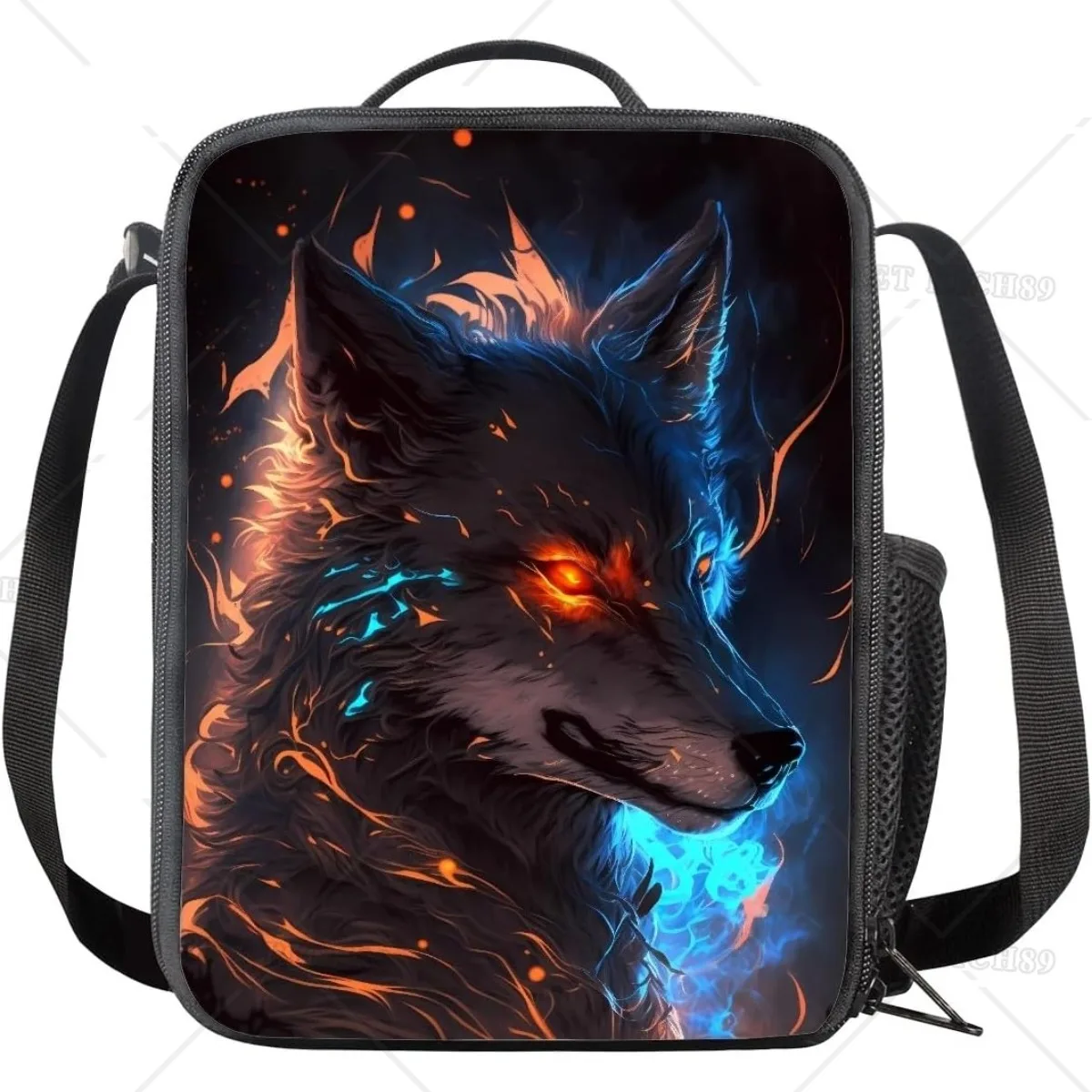 Wolf Print Insulated Lunch Bag for Boys Girls Red Eye Wolf Reusable Lunch Box for Picnic Beach School Lunch Pail Durable Tote