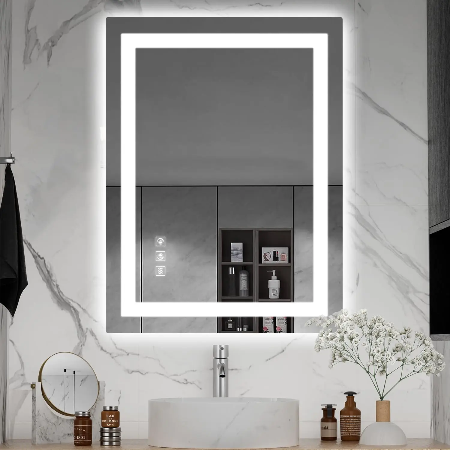 Backlit Front Lighted Bathroom Vanity Mirror 24x32 Inch LED 3 Colors Adjustable Brightness Defogger Touch Sensor Horizontal