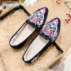 Veowalk Handmade Satin Flower Embroider Women's Ballet Flats Chinese Vintage Casual Comfortable Pointed Toe Flat Shoes Big Size