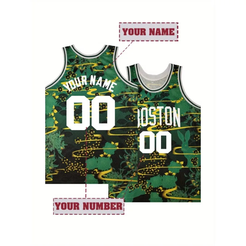 

Customizable Men's Sleeveless Basketball Jersey with Rabbit and Plants Pattern-Name and Number Personalization Boston Tank Tops