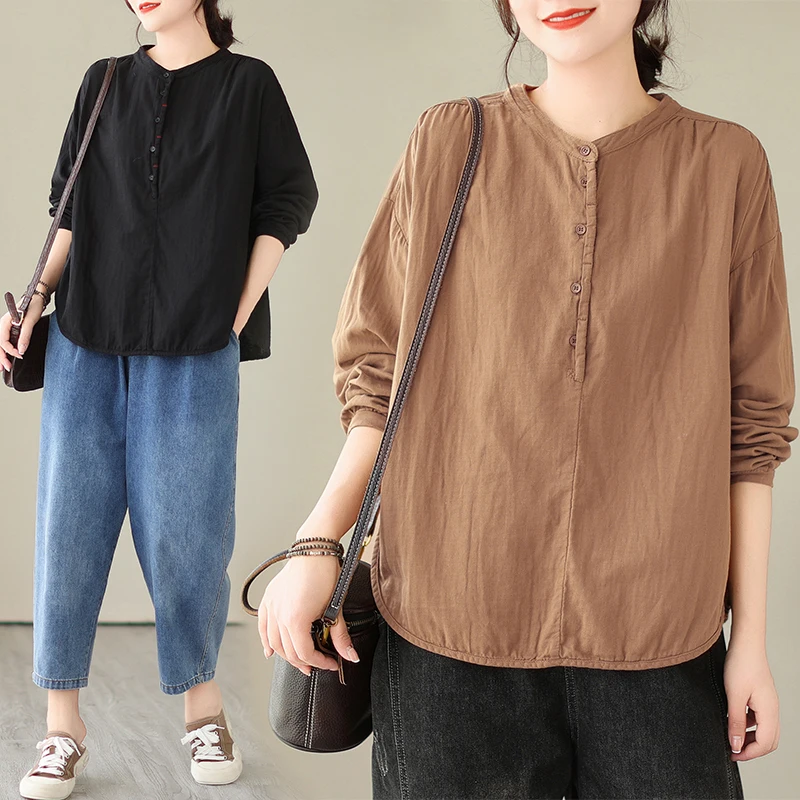 

Cotton Linen Shirt Women's Autumn New Solid Color Half Buttons Pullover Shirt Cottons Tops Blouse Casual Streetwear