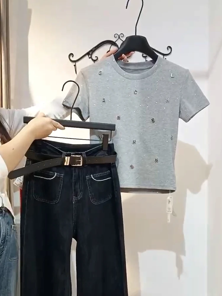 

Ey Rhinestone Letter ort Sve Футболка женская Slim Fit ort Sle American Retro Summer New Base irt Корейская версия