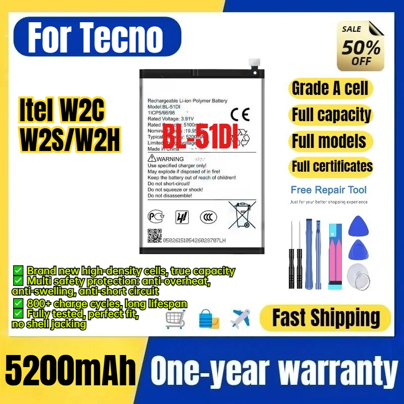 BL-51DI for Tecno Itel W2C/W2S/W2H Phone Battery 0 Cycle High Quality High Capacity Replacement Bateria Grade A Cell with Tools