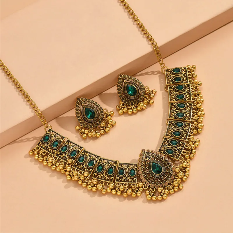 New Vintage Jewelry Set For Women Tassel Beads Pendant Jewelry Sets Colorful Stone Decoration Necklace Earrings Set For Women