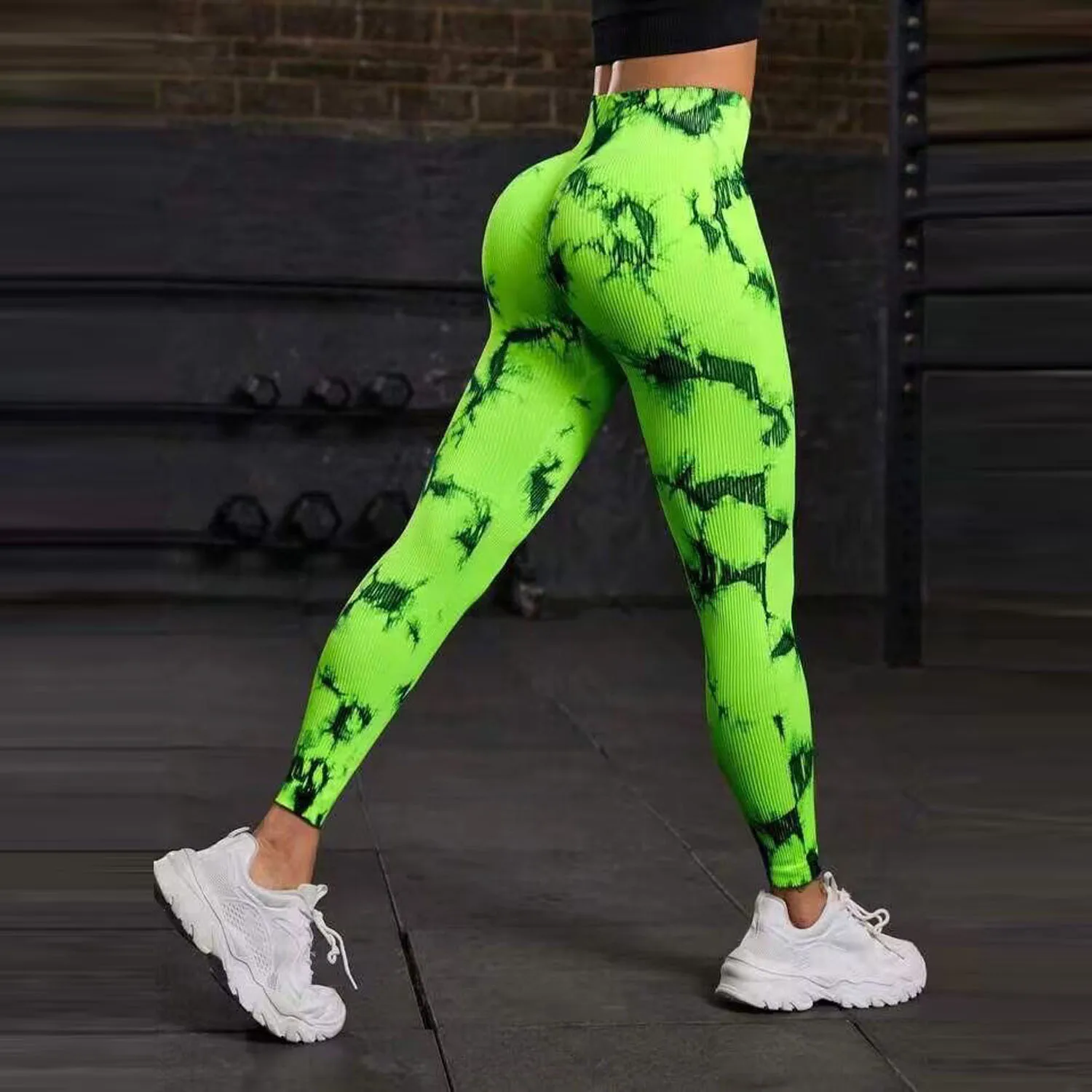 Women Knitted Leggings Tie Dye Gym Fitness Athletic Workout Elastic Leggins Yoga Pants Sports Training StripedTights Sportswear