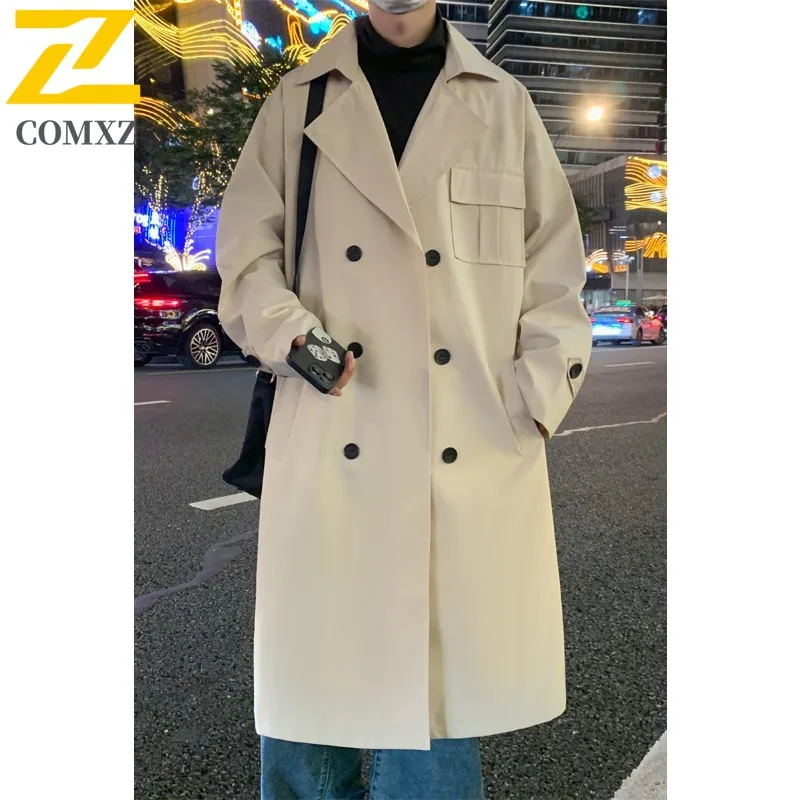 COMXZ الخريف جديد خندق معطف الرجال الكورية نمط الخطوط الطويلة مزدوجة الصدر طول الركبة الرجال فضفاضة تناسب سترة واقية خفيفة الوزن