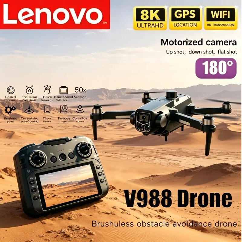 Dron Lenovo V988 con Control Remoto de Pantalla Grande, Cámara Dual HD 8K, WiFi 5G FPV, Quadcopter Plegable