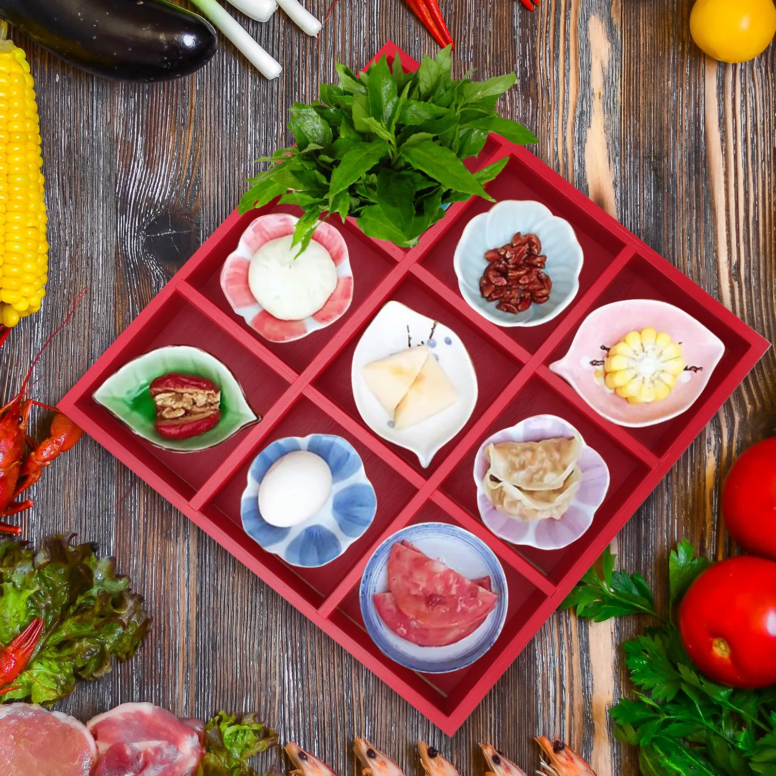 

1Pcs Bamboo Food Tray with Compartments for Fruits Vegetables Snacks Wood Grain Design Dishwasher Safe Home Kitchen