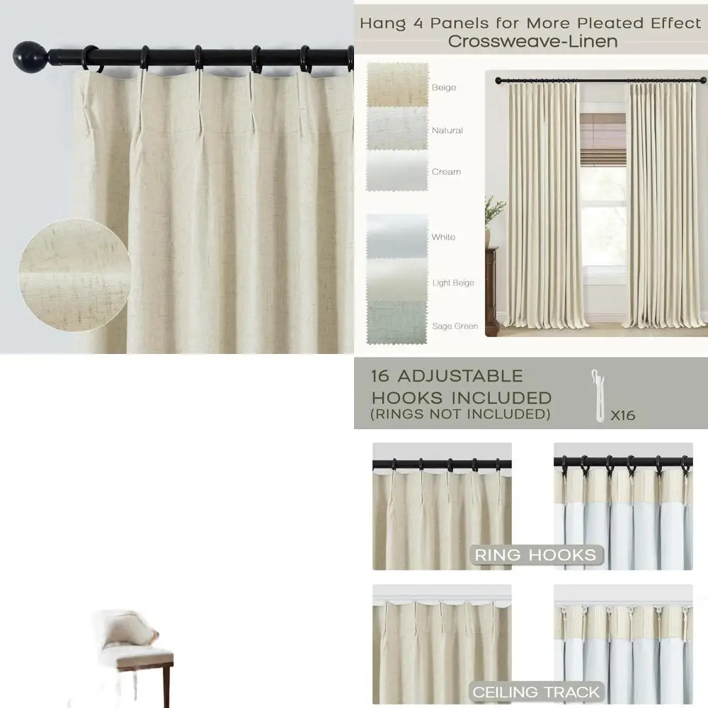

Beige Linen Pinch Pleated Blackout Curtains, 102 Inch, 2-Panel Set for Living Room & Bedroom