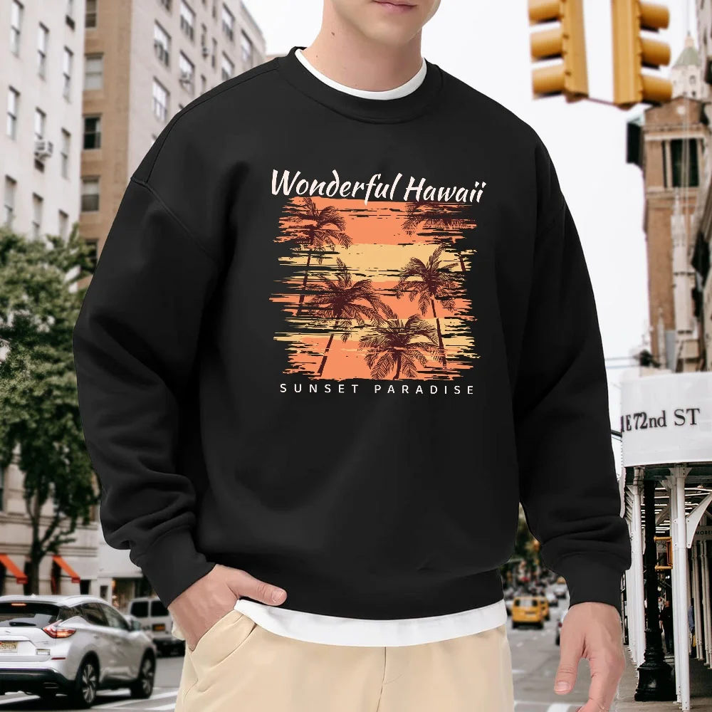

Men's Black Crew Neck Loose Sweatshirt, Hawaiian Sunset Coconut Tree Print Pullover, Retro Casual Street Style Top, Comfortable and Versatile for Everyday Wear