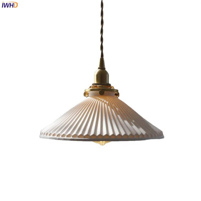 

IWHD Janpanese Style Ceramic LED Pendant Lighting Fixture E14 Copper Socket Bedroom Living Room Light Nordic Modern Hanging Lamp