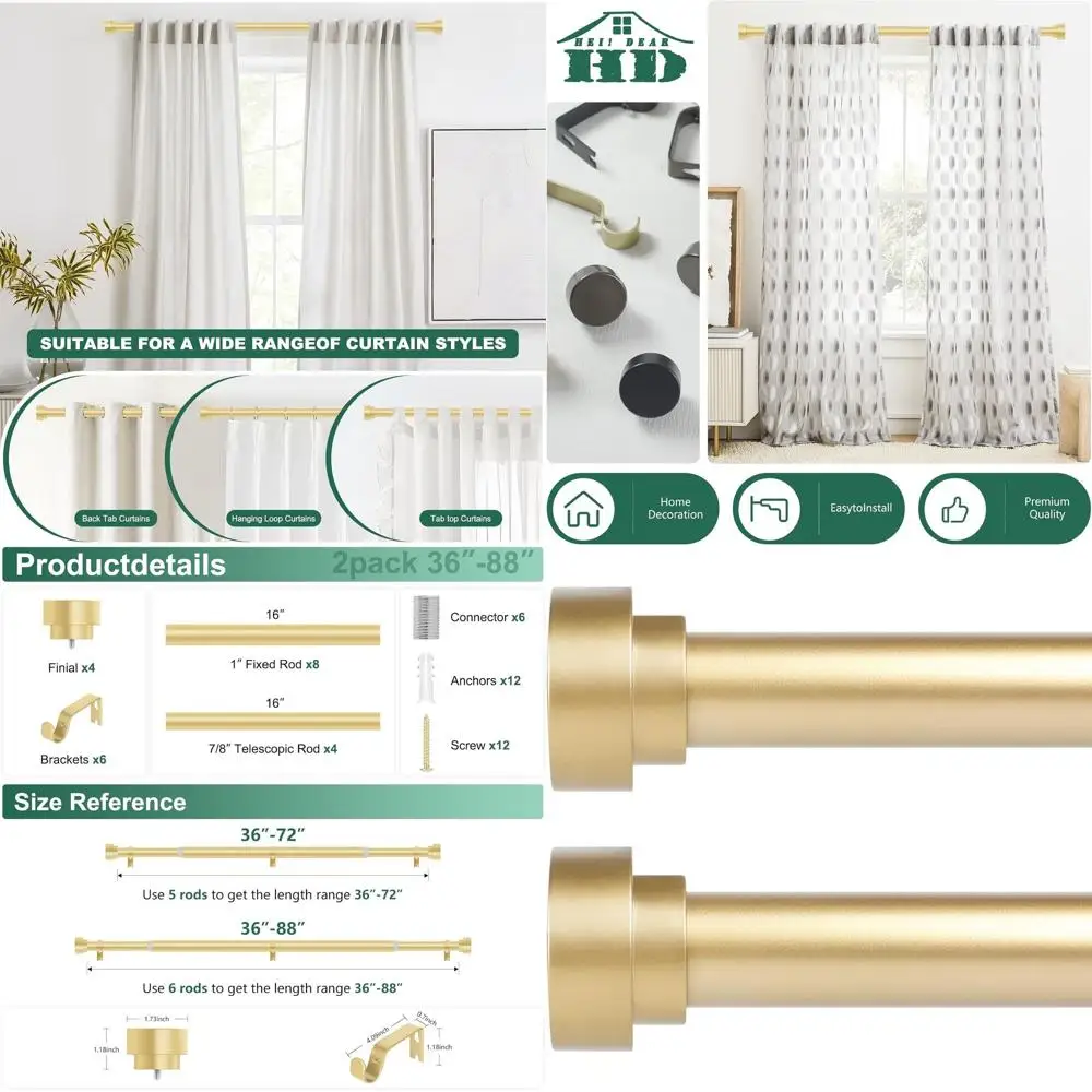 

Gold 48-84 Inch Adjustable Heavy Duty Curtain Rod Set, Modern Telescoping Drapery Rods for 36-88 Windows