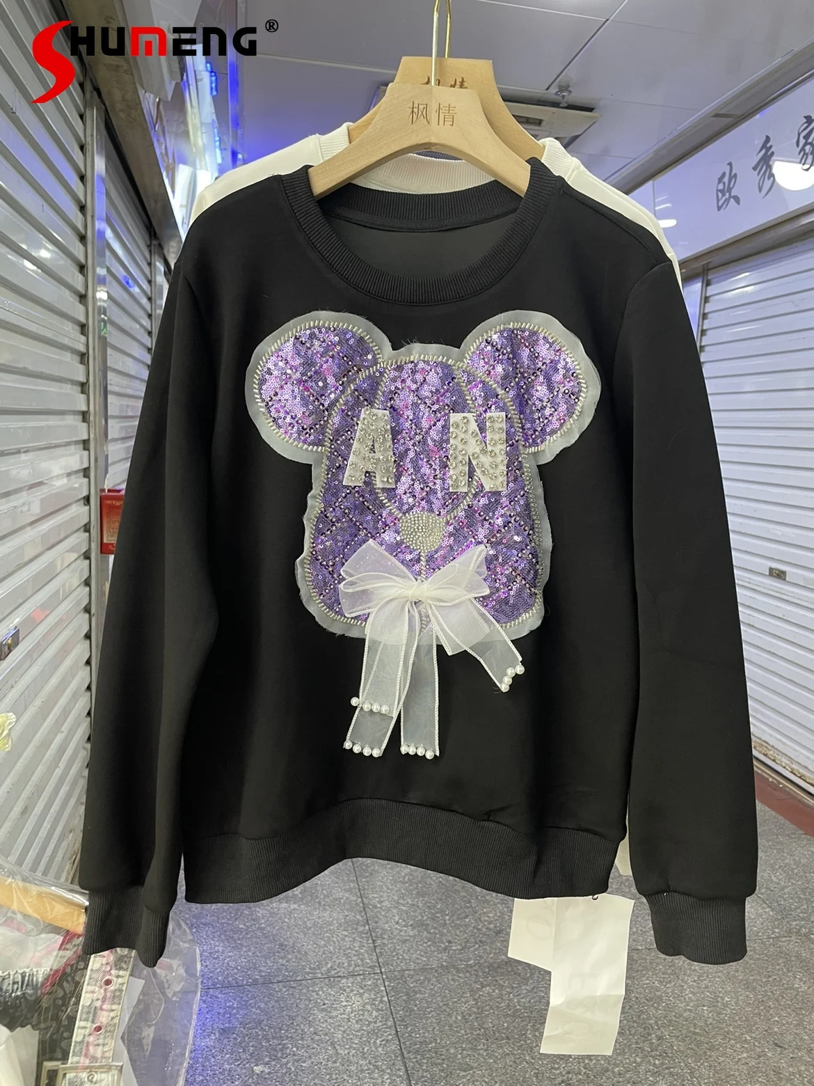 Kawaii Clothes Woman Bow Stitching Cartoon Sequins Hoodies 2023 Early Autumn New Korean Style Loose Pullover Sweatshirt Female