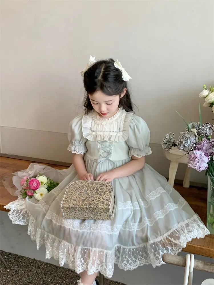 

23Girls' Summer New Princess Dress Children's Sweet Western Style Heavy Industry Retro Birthday Lace Dress