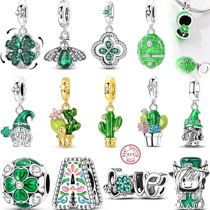 New 925 Sterling Silver Rotating Four Leaf Clover Cactus Firefly Charm Pendant Fit Original Bracelet DIY Women Fine Jewelry Gift