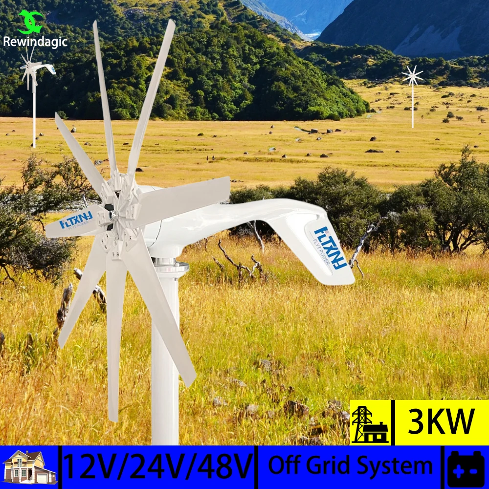 Horizontal Wind Turbine Generator 3000w 3kw 48V 24V 12V Free Energy Magnetic Dynamo Strong Power 48v Inverter Output For Home